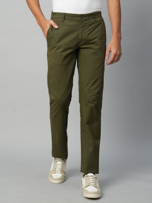 Men's Olive Cotton Lycra Regular Fit Pant - Image 2