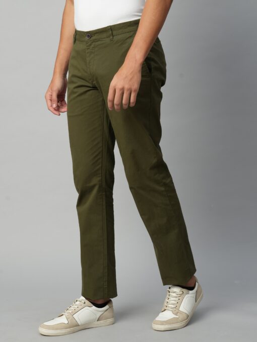 Men's Olive Cotton Lycra Regular Fit Pant - Image 3