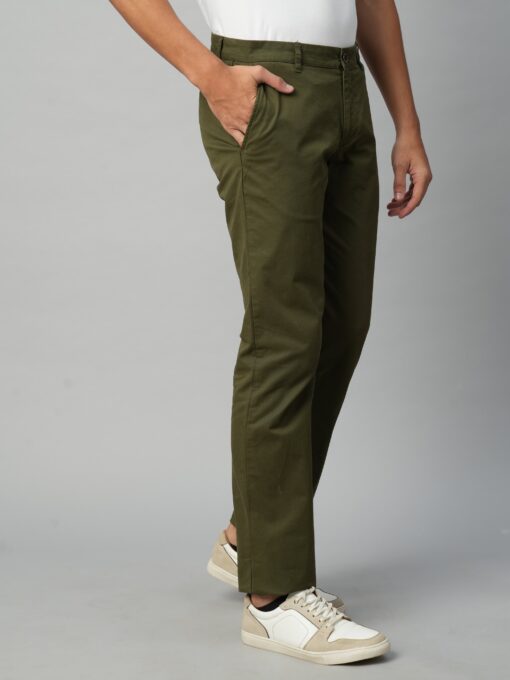 Men's Olive Cotton Lycra Regular Fit Pant - Image 4