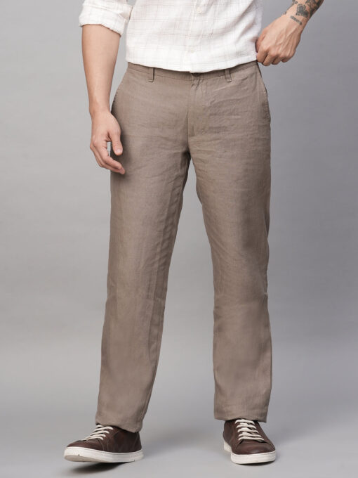 Men's Lt Brown 100% Linen Regular Fit Pant - Image 2