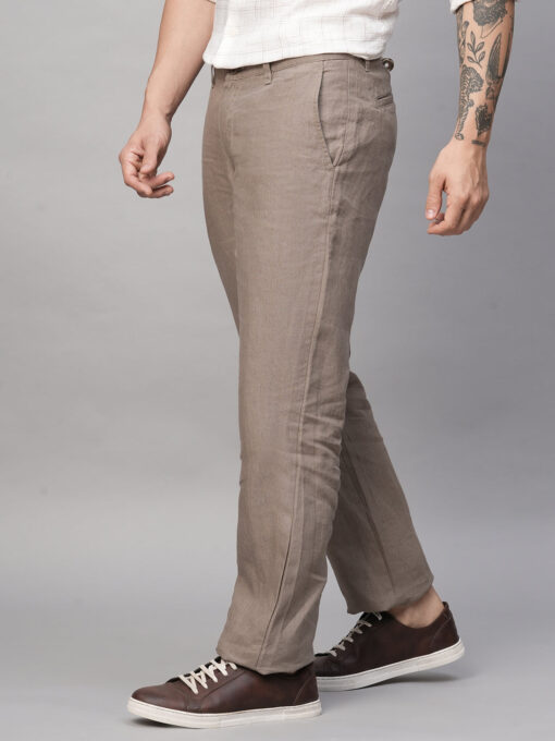 Men's Lt Brown 100% Linen Regular Fit Pant - Image 3