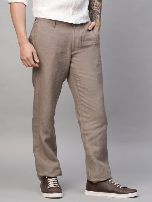 Men's Lt Brown 100% Linen Regular Fit Pant - Image 4