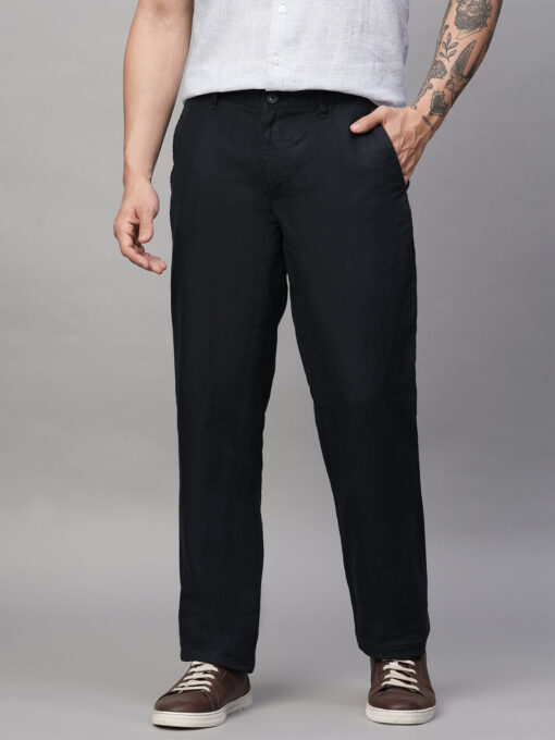 Men's Navy 100% Linen Regular Fit Pant - Image 2