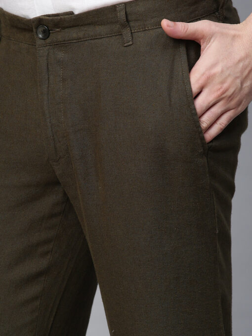 Men's Olive 100% Linen Regular Fit Pant - Image 6