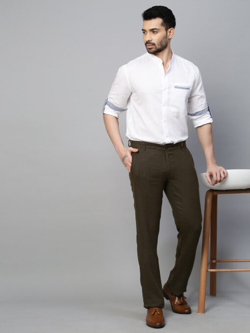 Men's Olive 100% Linen Regular Fit Pant