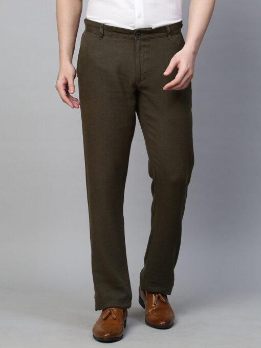 Men's Olive 100% Linen Regular Fit Pant - Image 2