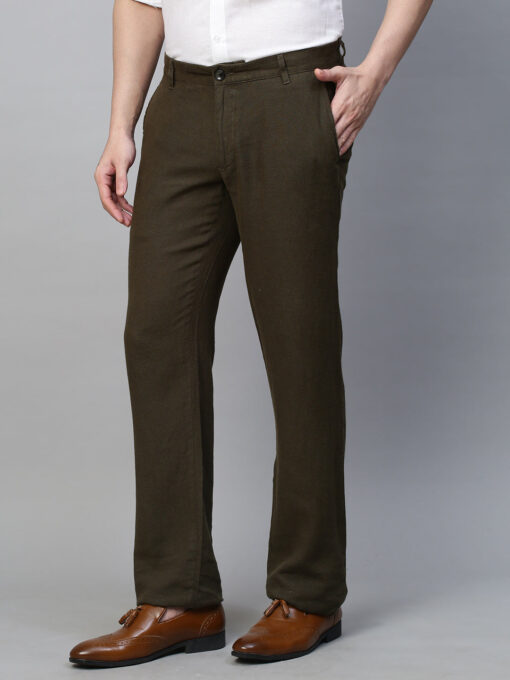 Men's Olive 100% Linen Regular Fit Pant - Image 3