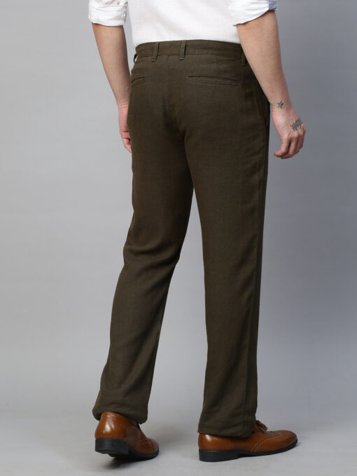 Men's Olive 100% Linen Regular Fit Pant - Image 5