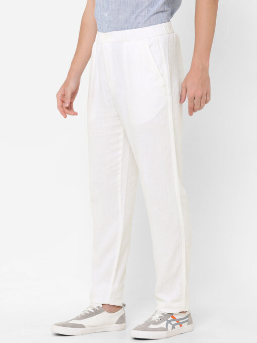 Men's White Cotton Linen Regular Fit Draw String Pant - Image 3