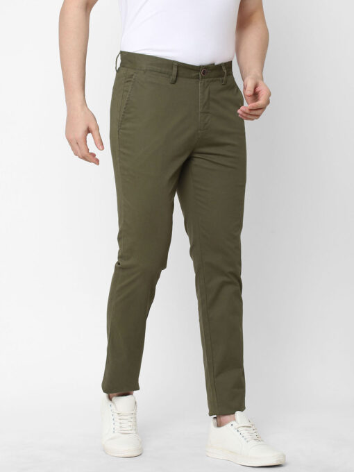 Men's Olive Cotton Lycra Slim Fit Pant - Image 3