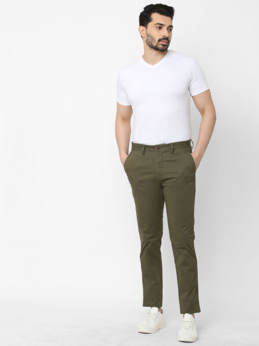 Men's Olive Cotton Lycra Slim Fit Pant - Image 5