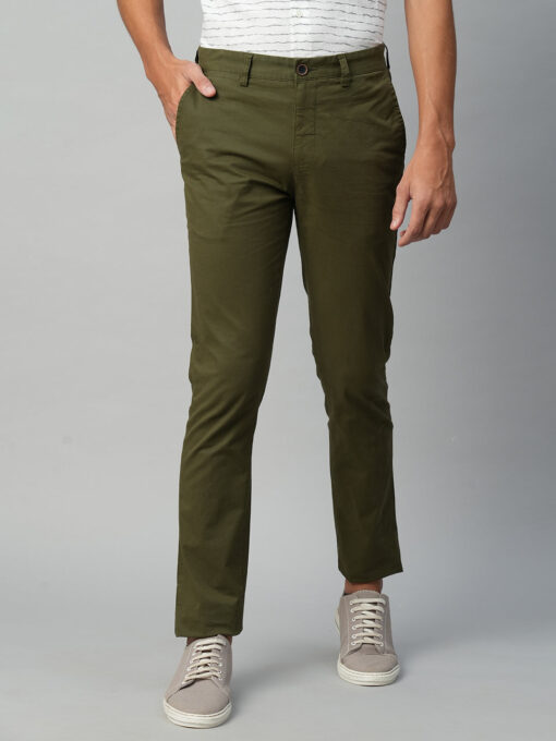 Men's Olive Cotton Lycra Slim Fit Pant - Image 2