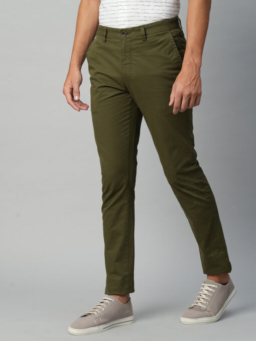 Men's Olive Cotton Lycra Slim Fit Pant - Image 3