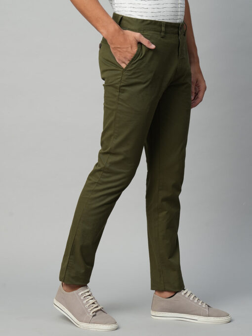 Men's Olive Cotton Lycra Slim Fit Pant - Image 4