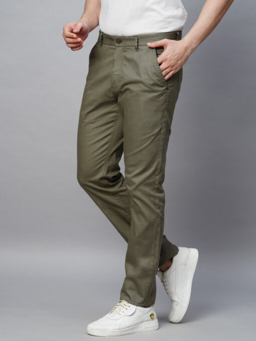 Men's Olive Cotton Lycra Slim Fit Pant - Image 3