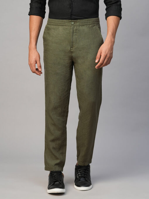 Men's Olive 100% Linen Regular Fit Pant