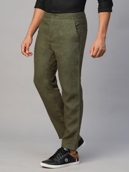 Men's Olive 100% Linen Regular Fit Pant - Image 2