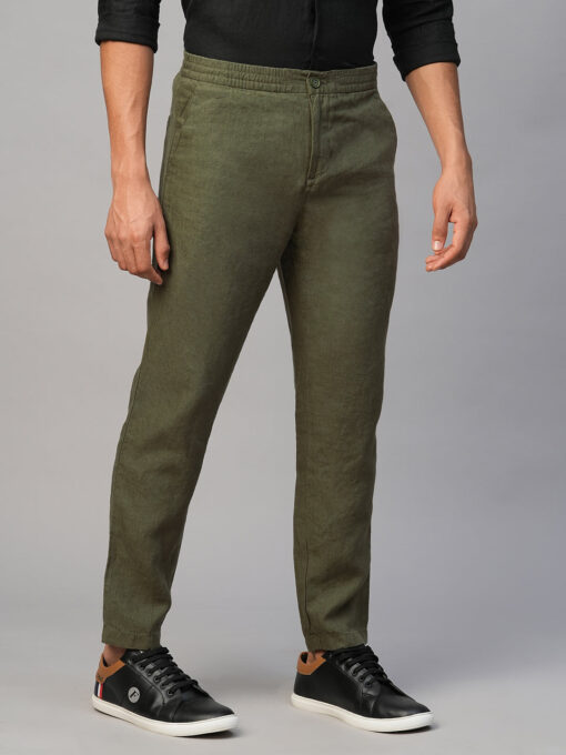 Men's Olive 100% Linen Regular Fit Pant - Image 3