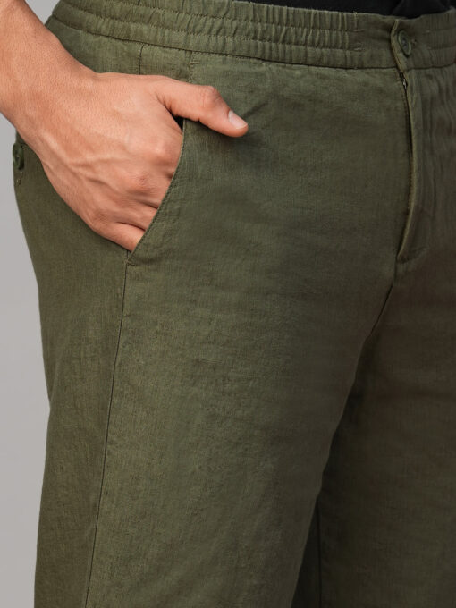 Men's Olive 100% Linen Regular Fit Pant - Image 4