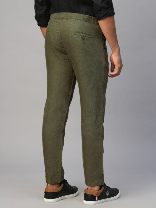 Men's Olive 100% Linen Regular Fit Pant - Image 5