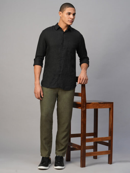 Men's Olive 100% Linen Regular Fit Pant - Image 7