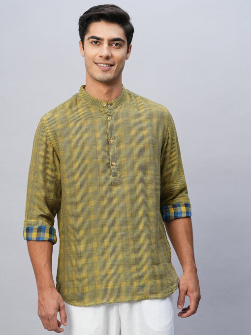 Men's Yellow Cotton Regular Fit Striped Shirt - Image 3