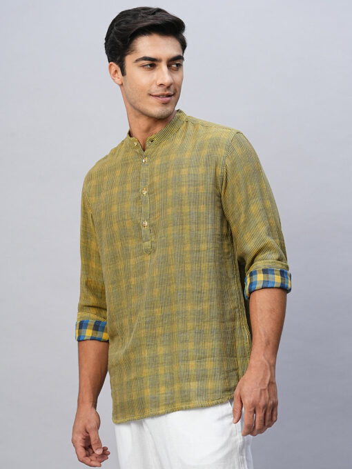 Men's Yellow Cotton Regular Fit Striped Shirt - Image 4