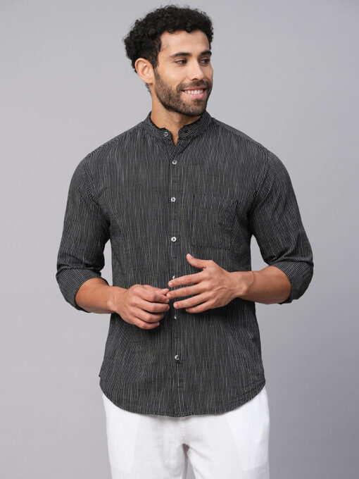 Men's Black/White Cotton Regular Fit Striped Shirt - Image 2