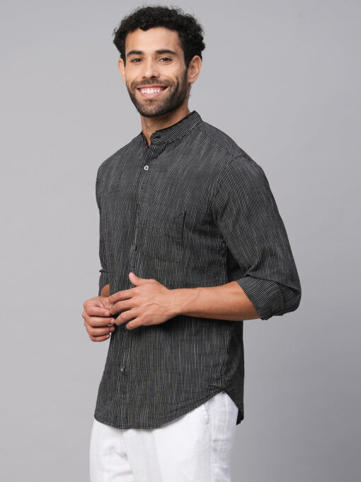 Men's Black/White Cotton Regular Fit Striped Shirt - Image 3