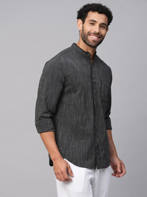 Men's Black/White Cotton Regular Fit Striped Shirt - Image 4