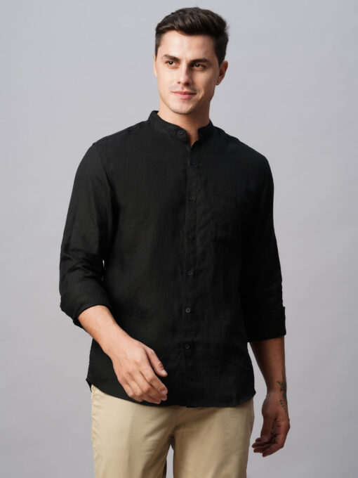 Men's Black 100% Linen Regular Fit Band Collared Long Sleeved Shirt - Image 3