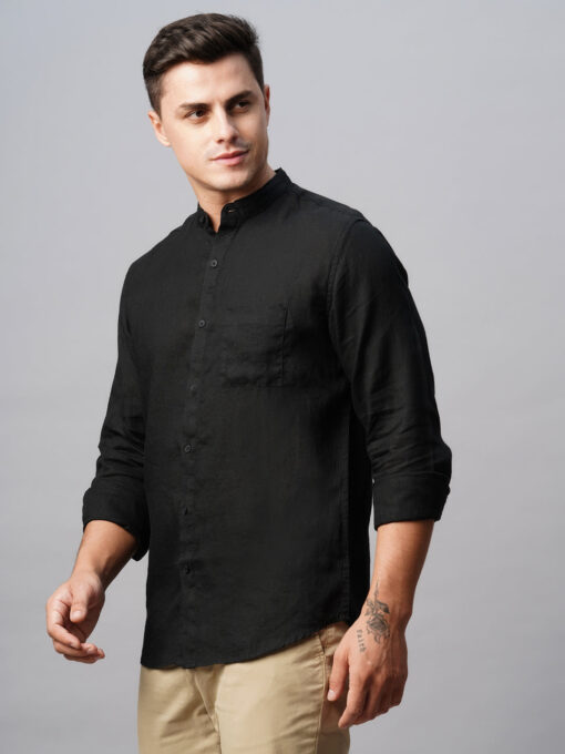 Men's Black 100% Linen Regular Fit Band Collared Long Sleeved Shirt - Image 5