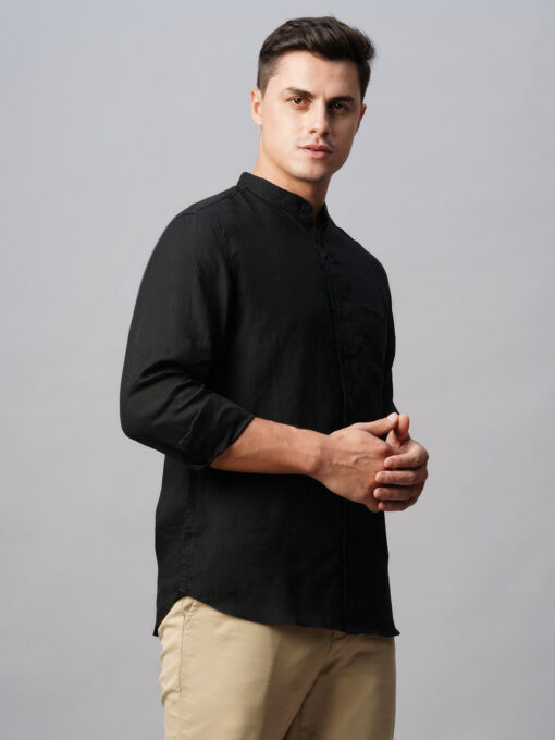 Men's Black 100% Linen Regular Fit Band Collared Long Sleeved Shirt - Image 6