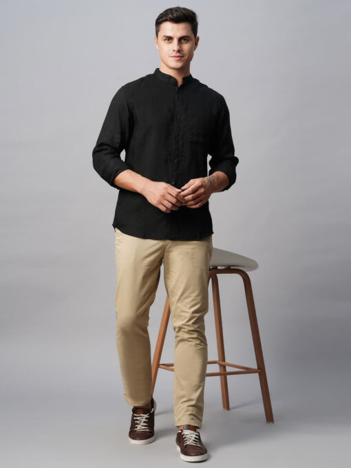 Men's Black 100% Linen Regular Fit Band Collared Long Sleeved Shirt - Image 2