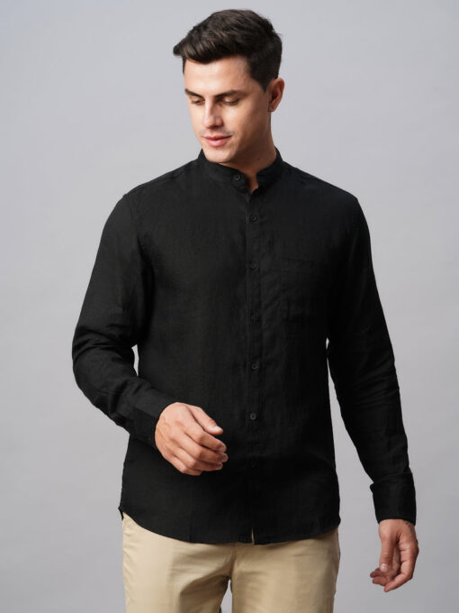 Men's Black 100% Linen Regular Fit Band Collared Long Sleeved Shirt - Image 4