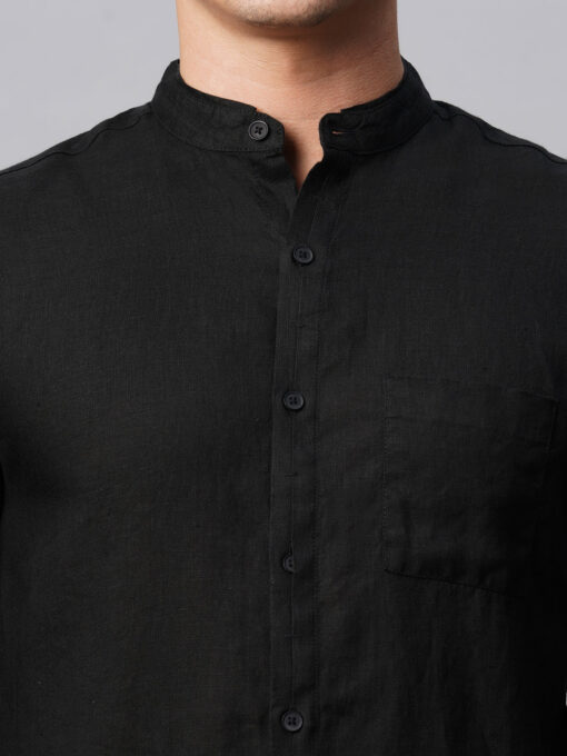 Men's Black 100% Linen Regular Fit Band Collared Long Sleeved Shirt - Image 8