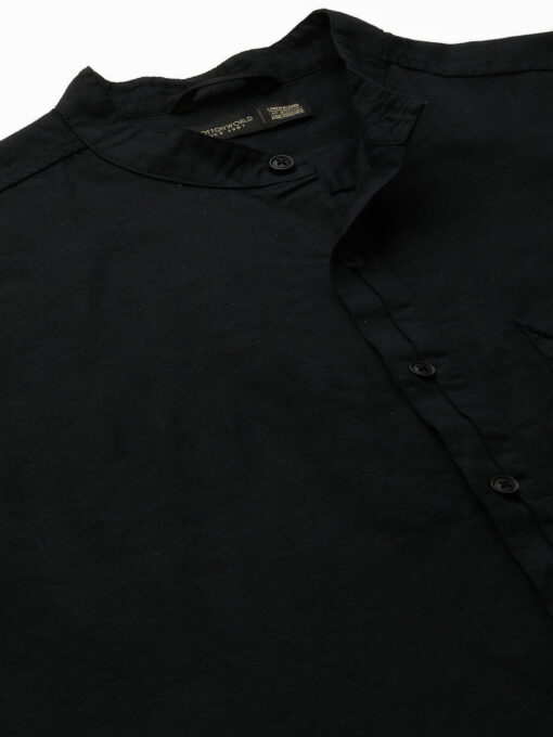 Men's Black 100% Linen Regular Fit Band Collared Long Sleeved Shirt - Image 10