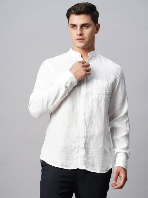 Men's 100% Linen White Band Collared Regular Fit Band Collared Shirt - Image 2