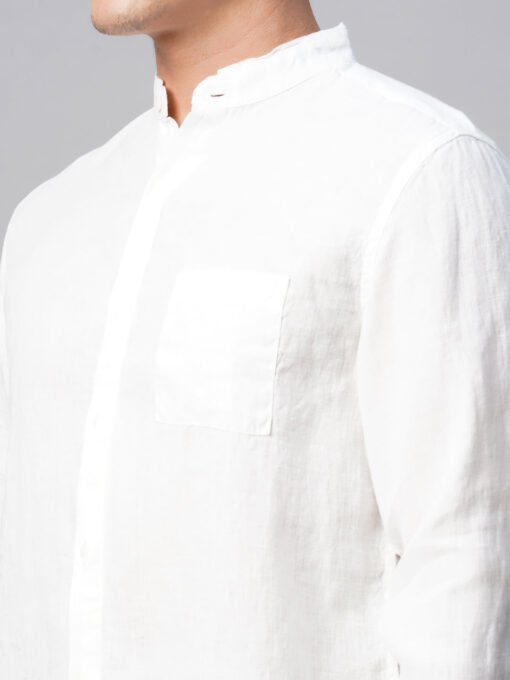 Men's 100% Linen White Band Collared Regular Fit Band Collared Shirt - Image 8