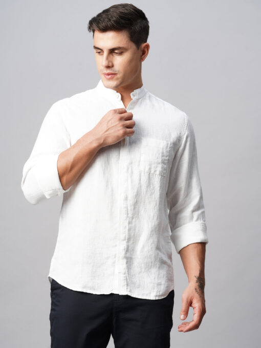 Men's 100% Linen White Band Collared Regular Fit Band Collared Shirt - Image 3