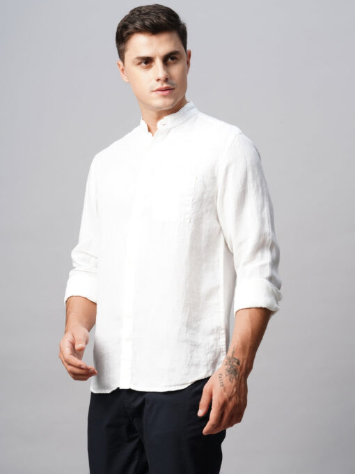 Men's 100% Linen White Band Collared Regular Fit Band Collared Shirt - Image 4