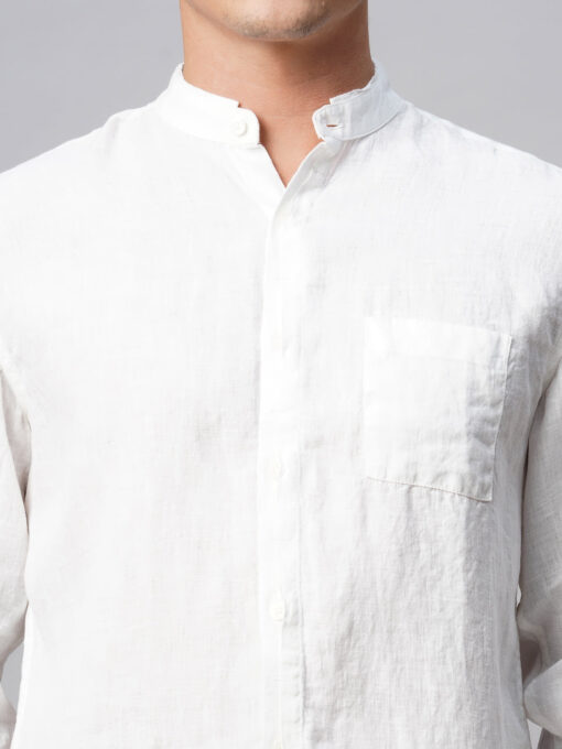 Men's 100% Linen White Band Collared Regular Fit Band Collared Shirt - Image 7