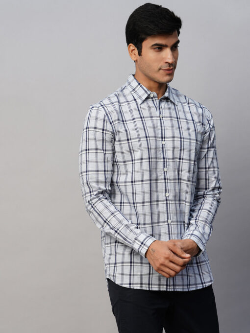 Men's Blue Linen Cotton Lyocell Regular Fit Checked Shirt - Image 4