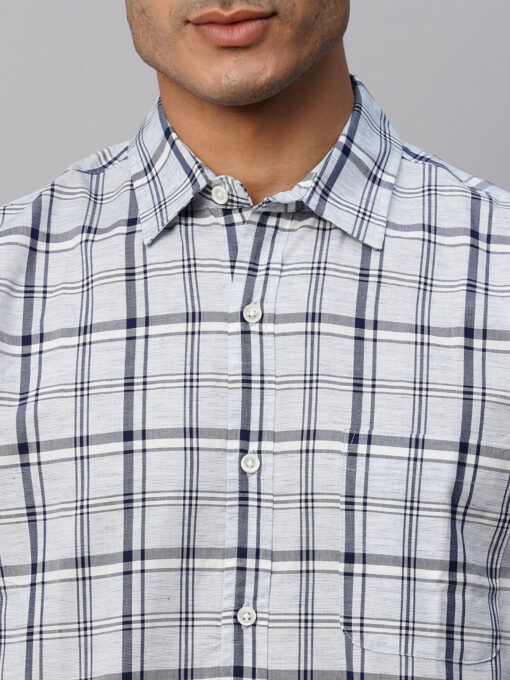 Men's Blue Linen Cotton Lyocell Regular Fit Checked Shirt - Image 6