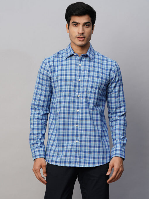 Men's Blue Cotton Regular Fit Checked Shirt - Image 2