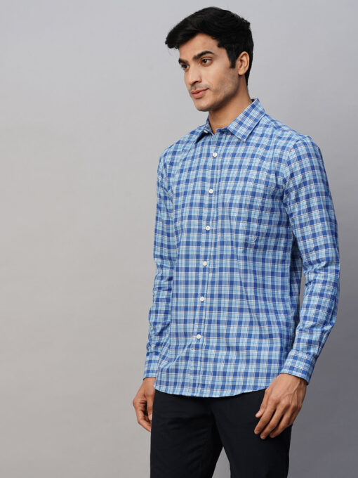 Men's Blue Cotton Regular Fit Checked Shirt - Image 3