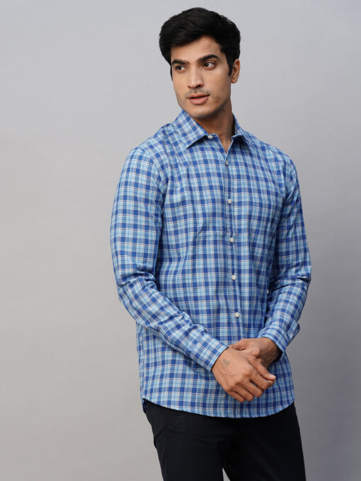 Men's Blue Cotton Regular Fit Checked Shirt - Image 4