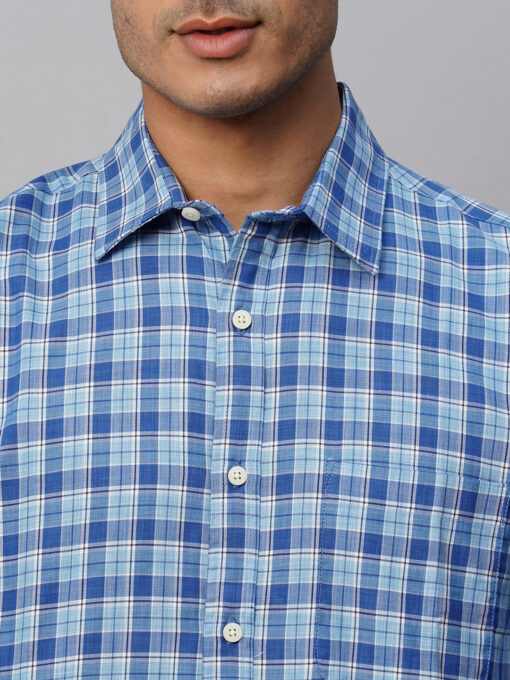 Men's Blue Cotton Regular Fit Checked Shirt - Image 6