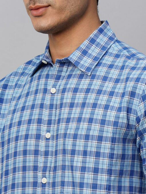 Men's Blue Cotton Regular Fit Checked Shirt - Image 7