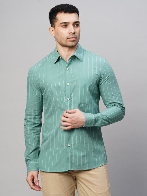 Men's Blue Cotton Regular Fit Striped Shirt - Image 2